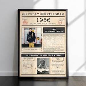May include: A framed birthday telegram print from 1956, with news headlines, a photo, and facts about the year. The print includes a photo of a person and details about the cost of living in the UK.