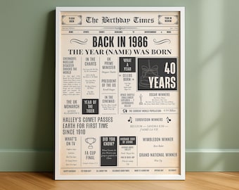 40th Birthday Gift, Personalised Birthday Newspaper Print, Born in 1986, The Year You Were Born, 40th Birthday Present for Him or Her