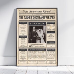 以下が含まれることがあります： 1966年7月30日付の「The Anniversary Times」と題されたヴィンテージ新聞風ポスター。ジョーンとピーターというカップルの白黒写真が中央にあり、1966年の生活費、ヒット曲、ニュースなどの事実が記載されたテキストが周囲を囲んでいる。