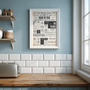 May include: A framed poster titled The Birthday Times, Back in 1966, The Year (Name) Was Born. The print features black text and graphics on a cream background, detailing historical facts, pop culture, and events from 1966 in a newspaper layout.
