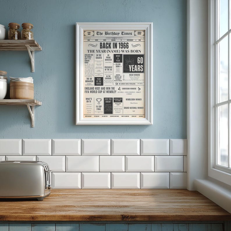 May include: A framed poster titled The Birthday Times, Back in 1966, The Year (Name) Was Born. The print features black text and graphics on a cream background, detailing historical facts, pop culture, and events from 1966 in a newspaper layout.