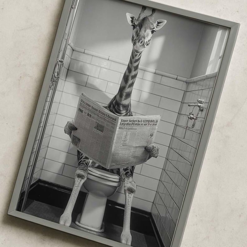 Funny Giraffe Wall Art Print | Quirky Bathroom Poster | Black and White ...