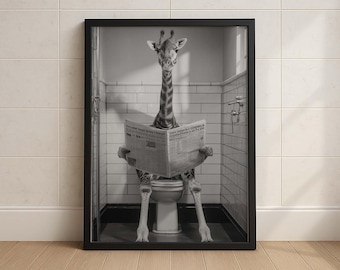 Funny Giraffe Wall Art Print | Quirky Bathroom Poster | Black and White Animal Artwork | A3 A4 Toilet Wall Décor Gift for Him Her