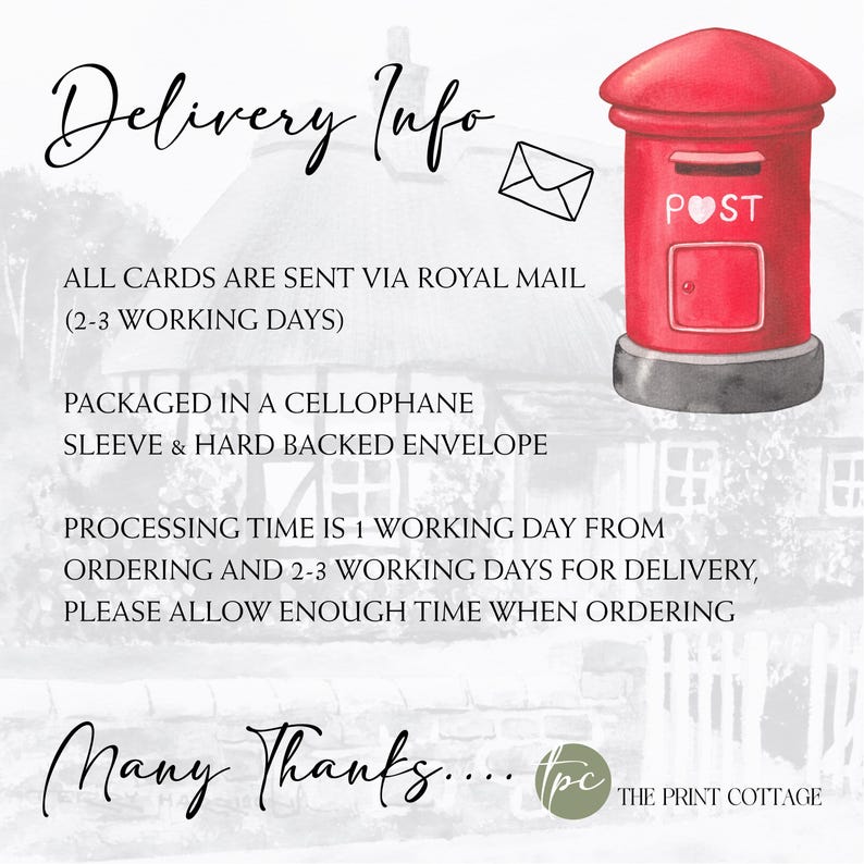 May include: A bright red cylindrical mailbox illustration with the word POST featuring a heart icon in place of the letter O. The image includes text detailing delivery information, packaging, and processing times, along with a small envelope icon.