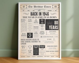 80th Birthday Gift, Personalised Birthday Newspaper Print, Born in 1946, The Year You Were Born, 80th Birthday Present for Him or Her