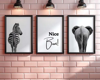 Lustiger Badezimmer Druck, 3er Set, Netter Penner Tierdruck, Zebra Elefant Wandkunst, lustiges Badezimmer Dekor, Schwarz Weiß Badezimmer Kunst, Bum Druck