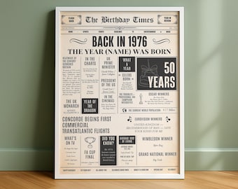 Year You Were Born Poster, 18th 21st 30th 40th 50th Birthday Gift, Birthday Newspaper Print, Custom Age Birthday Poster, Birthday Wall Art