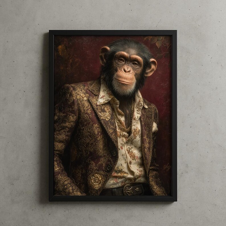 May include: Framed portrait of a chimpanzee wearing a patterned suit jacket and floral shirt. The chimpanzee has a neutral expression and is set against a dark red background. The black frame adds a classic touch to the artwork.