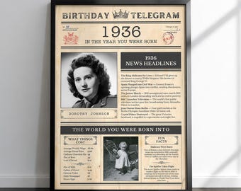 May include: A framed vintage-style print titled "Birthday Telegram 1936." The print features a black and white portrait of a woman named Dorothy Johnson, along with news headlines and facts from 1936. The print is in a black frame.