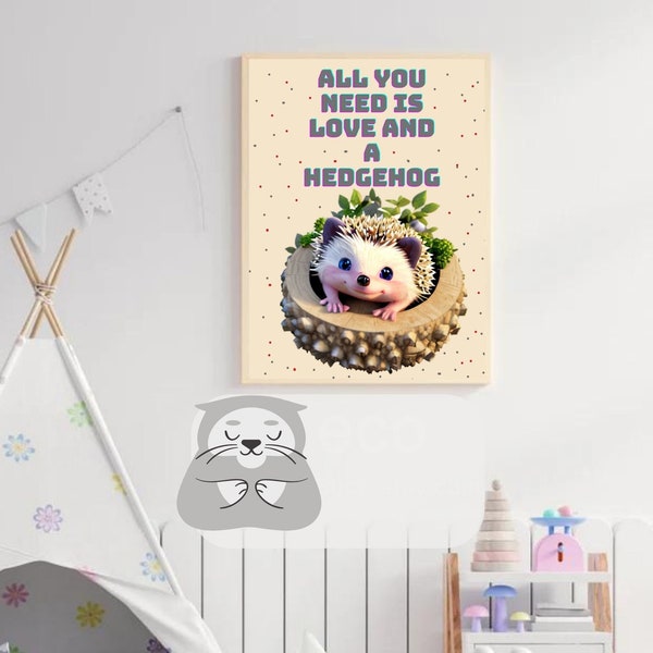 Cute Hedgehog,Hedgehog wall art,Hedgehog poster,  Hedgehog lovers, digital art,Cute Animal Wall Art, Animal Canvas, Unique Art,art for kids