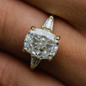 Cushion Moissanite Ring, Moissanite Three Stone Ring, Moissanite Wedding Ring, Moissanite Unique Engagement Ring, 14k Solid Yellow Gold Ring