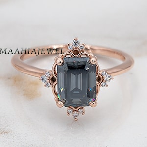 Grey Moissanite Ring, Gray Moissanite Ring, Emerald Moissanite Ring, Moissanite Antique Engagement Ring For Women, Dark Grey Moissanite Ring