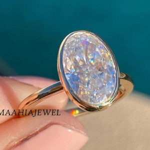 Oval Moissanite Ring, Moissanite Unique Engagement Ring, Bezel Set Moissanite Ring,Bezel Set Engagement Ring 14k Yellow Gold Moissanite Ring
