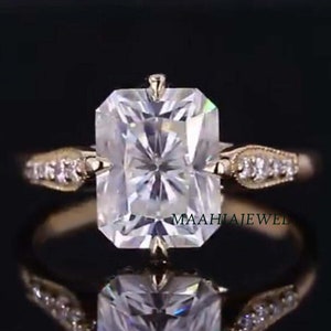 Moissanite Unique Engagement Ring, Radiant Moissanite Ring, Radiant Moissanite Engagement Ring 14k Solid Yellow Gold Moissanite Wedding Ring