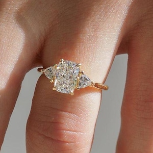 Three Stone Elongated Cushion Cut Lab Grown Diamond Solitaire Engagement Ring, Trillion Side Stone, Cathedral Set Ring, 14k Yellow Gold