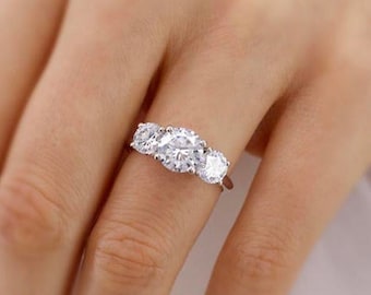 Moissanite Three Stone Engagement Ring, 14k White Gold Trilogy Ring