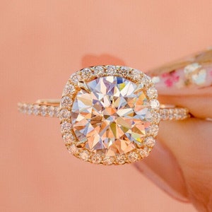 Round Cut Moissanite 2 CT Diamond With Double Hidden Halo Yellow Gold Ring Round Diamond Engagement Ring For Her, Round Diamond Ring For her