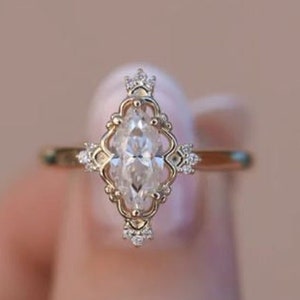 Marquise moissanite ring marquise cut engagement ring anniversary gift wedding ring 14k solid yellow gold moissanite ring for women.