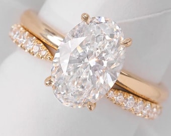 Oval Cut Lab Grown Diamond Engagement Bridal Set Ring, Wedding Band, Stylish Bridal Sets, Half Eternity Anniversary Gift, 14k Yellow Gold
