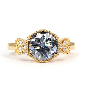 Grey Moissanite Ring, Gray Moissanite Ring, Moissanite Unique Engagement Ring, Round 1.50 Ct Grey Moissanite Ring, Vintage Moissanite Ring