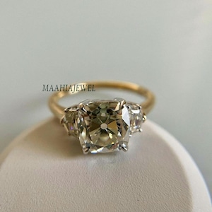 Old Mine Moissanite Ring, Old Mine Cut Moissanite Unique Engagement Ring, Three Stone Engagement Ring, 14k Solid Yellow Gold Moissanite Ring