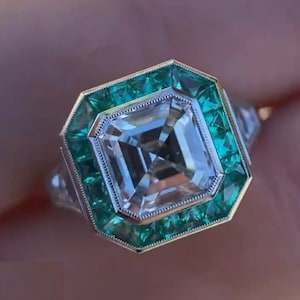 Moissanite Vintage Ring, Art Deco Moissanite Ring Moissanite Unique Engagement Ring Moissanite Halo Wedding Ring Asscher Cut Moissanite Ring