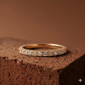 Round Cut Lab Grown Diamond Half Eternity Ring in 18k Yellow Gold,| 2.10 mm Stacking Ring, Diamond Wedding Band, E-VVS2 IGI Certificate