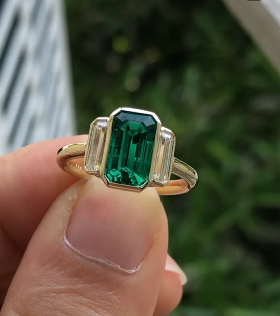 Bezel Set Moissanite Ring Emerald Cut Green 2.80 CT Etsy