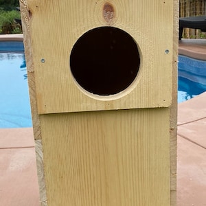 May include: A wooden birdhouse with a round entrance hole. The birdhouse is made of natural wood and has a simple design.