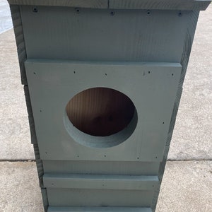 May include: A dark green wooden birdhouse with a round entrance hole. The birdhouse is made of wood planks and has a simple design.