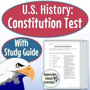 Puede incluir: Un test imprimible de Historia de los Estados Unidos sobre la Constitución con una guía de estudio. El test incluye la coincidencia de términos con sus definiciones. El test está diseñado para que los estudiantes aprendan sobre la Constitución de los Estados Unidos.