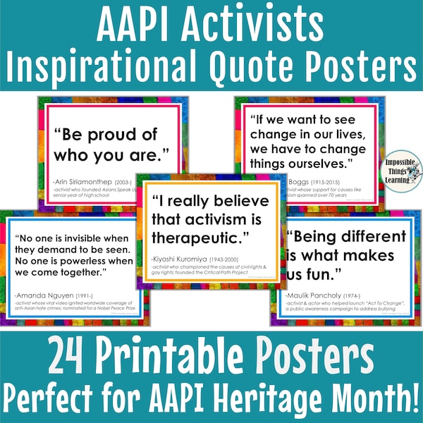 AAPI Heritage Month Posters for the Classroom with Inspirational Quotes from Asian American and Pacific Islander Activists, Bulletin Board