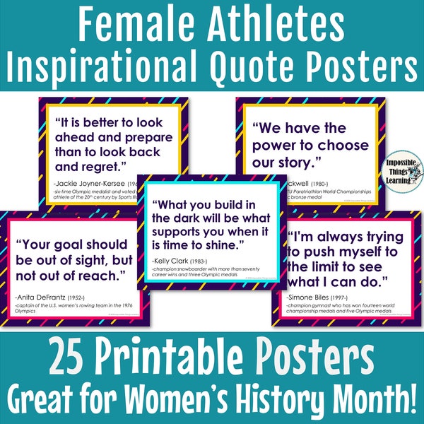 Women's History Month Posters for PE Classes and Coaching with Inspirational Quotes from Famous Female Athletes, Bulletin Board Ideas