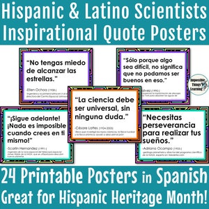 Hispanic Heritage Month Classroom Posters in Spanish with Inspirational Quotes from Famous Hispanic and Latino Scientists and STEM Leaders