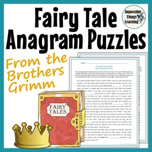 Rompecabezas de anagramas de cuentos de hadas, actividades de lectura de los hermanos Grimm para principiantes, recurso didáctico de ELA, rompecabezas de palabras para el aula de inglés