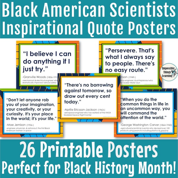 Black History Month Posters with Inspirational Quotes from Famous Black Scientists & STEM Leaders, Science Classroom Decor, Bulletin Board