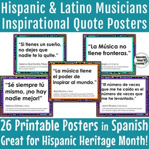 Hispanic Heritage Month Posters for Music Classrooms with Inspirational Quotes in Spanish from Famous Hispanic & Latino Musicians, Printable