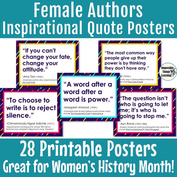 Women's History Month Posters for the English Classroom with Inspirational Quotes from Famous Female Authors, Printable Bulletin Board Ideas