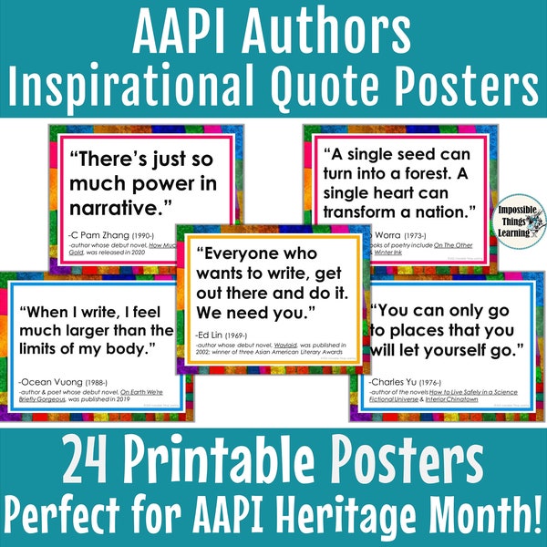 AAPI Heritage Month Posters, English Classroom Decor with Inspirational Quotes from AAPI Authors, Digital Printables, Bulletin Board Ideas