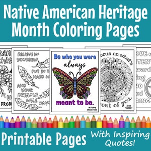 Native American Heritage Month Coloring Pages, classroom printables, inspirational quotes from famous American Indians, Indigenous Americans