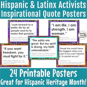 Hispanic Heritage Month Classroom Posters with Inspirational Quotes from Famous Hispanic and Latinx Activists: Perfect for Social Studies