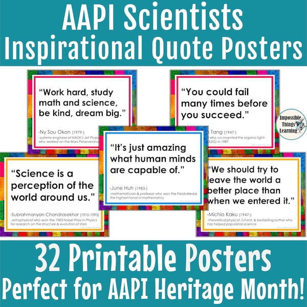 AAPI Heritage Month Posters for Science Classrooms with Inspirational Quotes from Asian American & Pacific Islander Scientists, STEM Decor