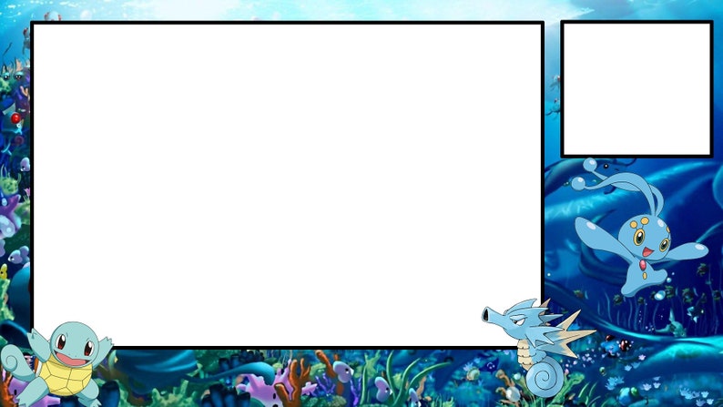 以下が含まれることがあります： 長い尻尾を持つ青と白のポケモンキャラクターと、背中に貝殻を持つ青と白のポケモンキャラクター。キャラクターは、サンゴと海藻のある青と緑の海中背景の前にいます。