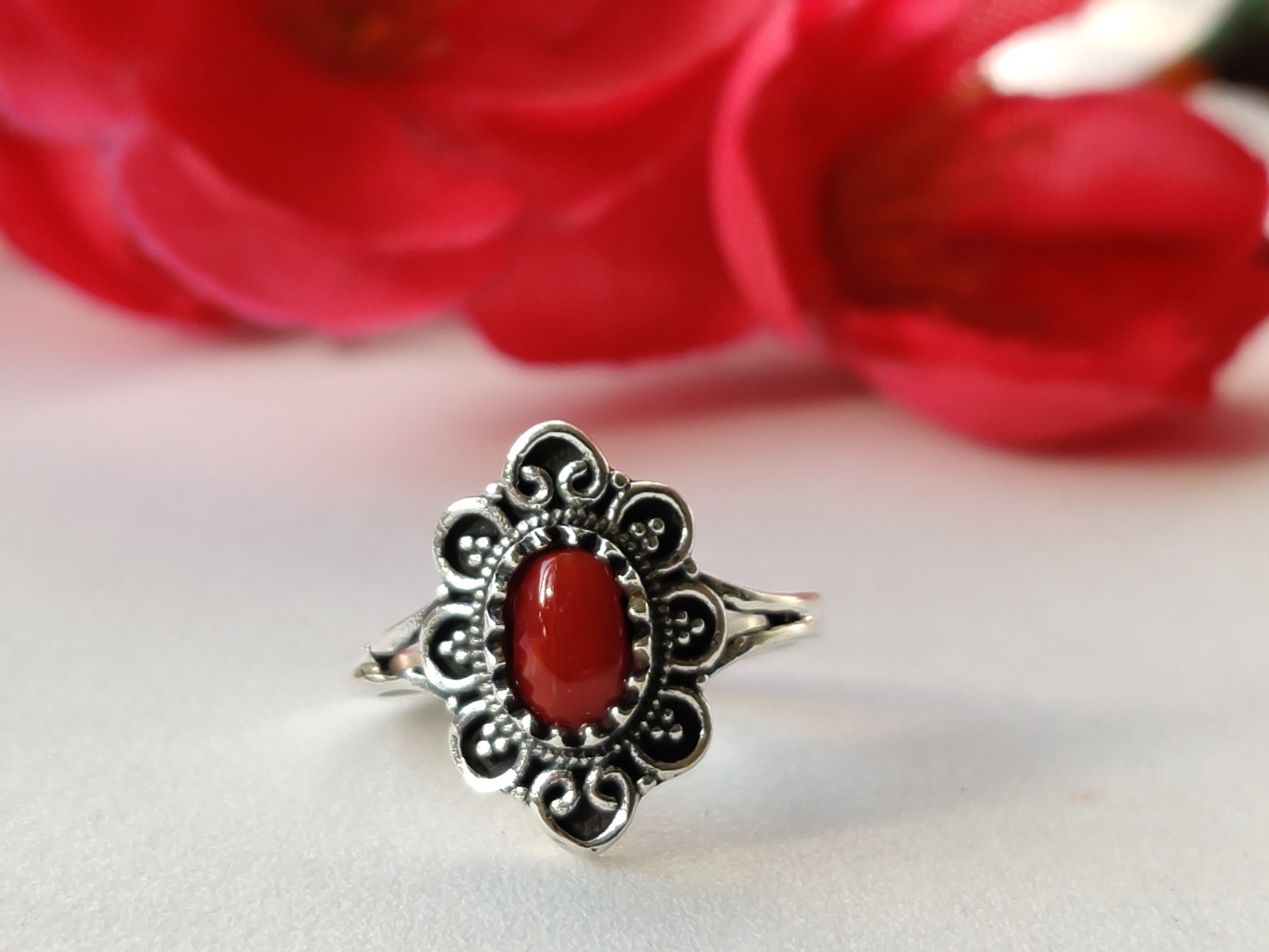 925 Sterling Silver Coral Handmade Ring Adjustable Natural Etsy