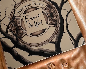 May include: A board game box with the title "Arcana Flow: Echoes of the Wood" is displayed, featuring a circular design with tree branch illustrations. Wooden game pieces, including dice and leaf shapes, are scattered around the box on a velvet surface.