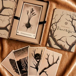 May include: A tarot card set with a guide book. The cards feature sepia-toned illustrations of nature elements, including a sprouting plant, a zebra, and a bird's nest. The guide book is titled "Echoes of the Wood."