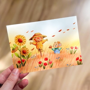 Autumn Illustration Mouse & Scarecrow - A6 Print | Postcard