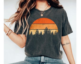 Retro Pine Trees Sunset Shirt, Adventure Shirt, Nature Lover Gift, Camping Gift Shirt, Forest Themed Shirt, Retro Forest Shirt,Outdoor Shirt