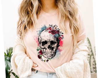 Bloom Skull Shirt, Halloween Shirt, Floral Skull Boho Graphic Tee, Womens Fall Shirt, Flower Skull Skeleton TShirt, Skeleton Blooms