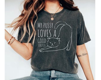 My P*ssy Loves a Good Stretch Funny Cat Shirt, Inappropriate T-Shirt for Women, Funny Gag Gift, Unhinged Humor, Cat Shirt for Mom, Funny Tee